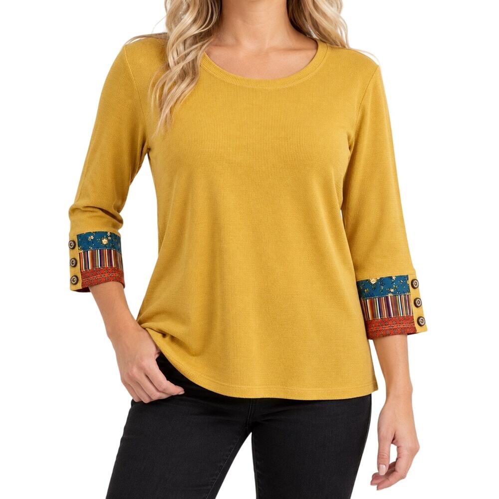 MULTIPLES Sz Large Yellow Wearable Art to Wear Blouse Shirt Top Fall Winter